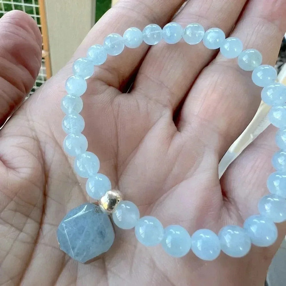 Aquamarine Gemstone Bracelet, Stretch Bracelet,Womens and Mens Bracelet - Picture 2 of 4